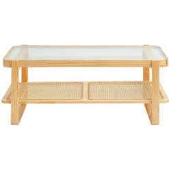 VEVOR Rattan Coffee Table, Rectangle Rattan Woven Wood Coffee Table with Tempered Glass Top, 45-Inch Modern Boho Storage Coffee Table with Natural Wood Legs, for Living Room, Bedroom & Small Spaces