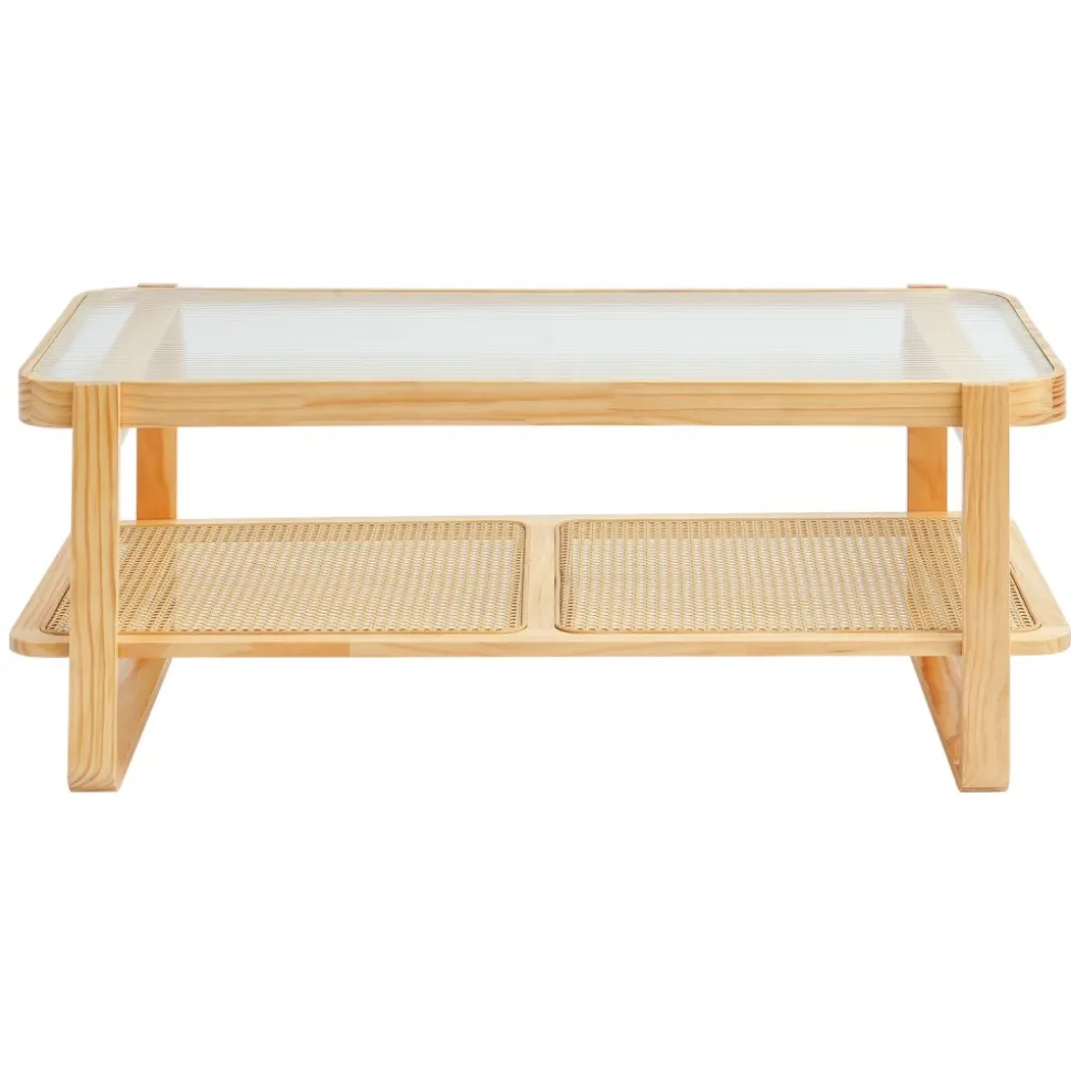 VEVOR Rattan Coffee Table, Rectangle Rattan Woven Wood Coffee Table with Tempered Glass Top, 45-Inch Modern Boho Storage Coffee Table with Natural Wood Legs, for Living Room, Bedroom & Small Spaces