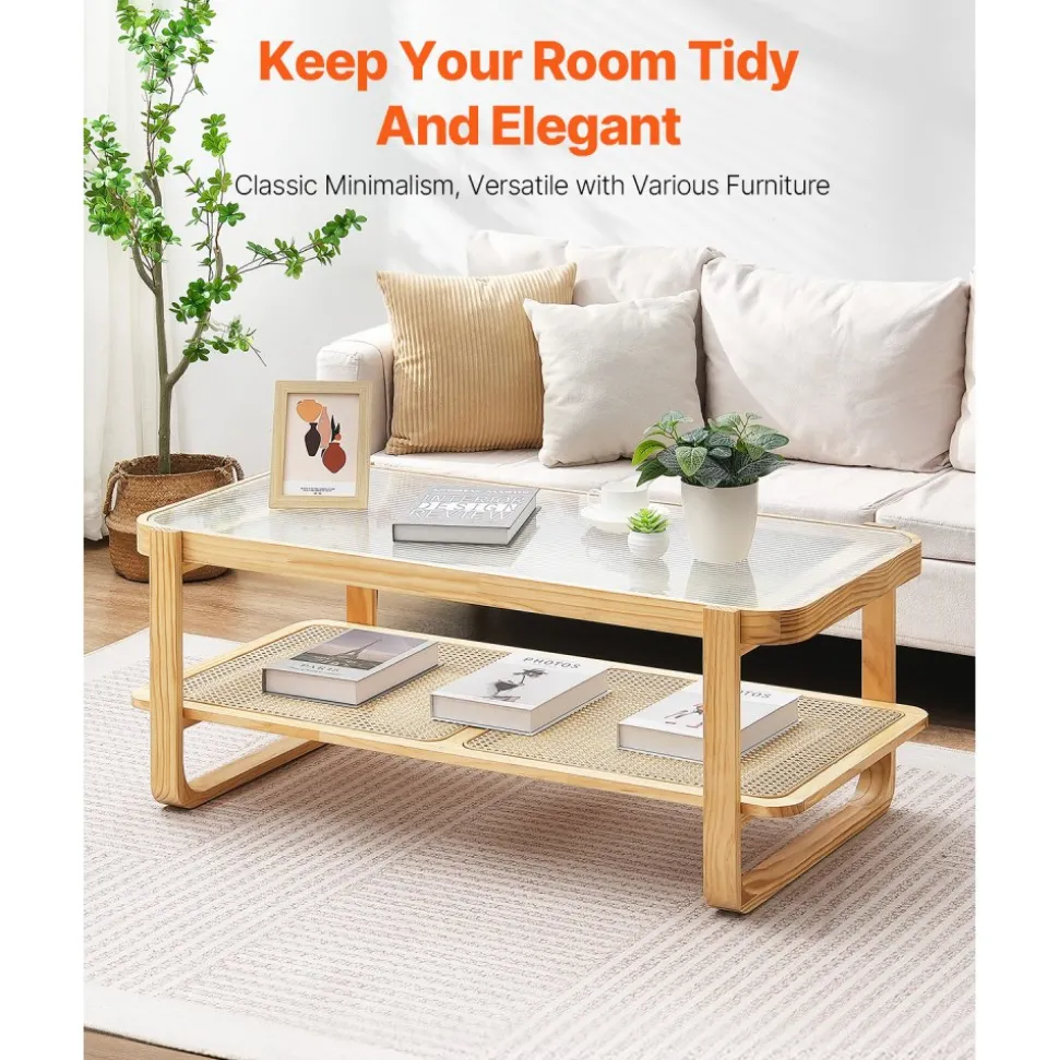 VEVOR Rattan Coffee Table, Rectangle Rattan Woven Wood Coffee Table with Tempered Glass Top, 45-Inch Modern Boho Storage Coffee Table with Natural Wood Legs, for Living Room, Bedroom & Small Spaces