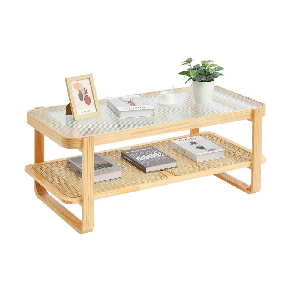 VEVOR Rattan Coffee Table, Rectangle Rattan Woven Wood Coffee Table with Tempered Glass Top, 45-Inch Modern Boho Storage Coffee Table with Natural Wood Legs, for Living Room, Bedroom & Small Spaces