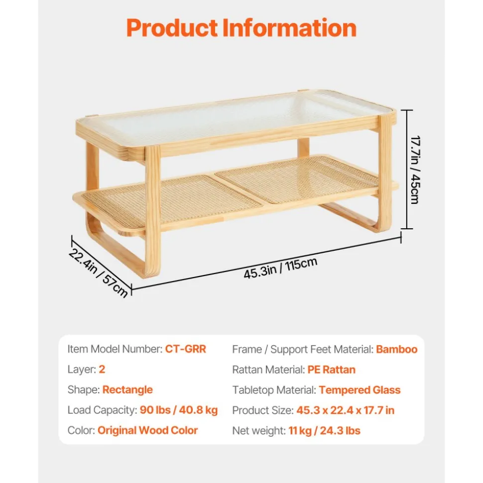 VEVOR Rattan Coffee Table, Rectangle Rattan Woven Wood Coffee Table with Tempered Glass Top, 45-Inch Modern Boho Storage Coffee Table with Natural Wood Legs, for Living Room, Bedroom & Small Spaces