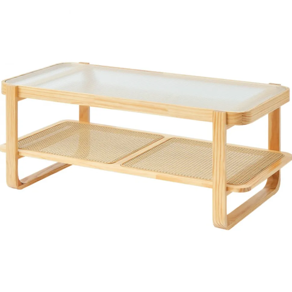 VEVOR Rattan Coffee Table, Rectangle Rattan Woven Wood Coffee Table with Tempered Glass Top, 45-Inch Modern Boho Storage Coffee Table with Natural Wood Legs, for Living Room, Bedroom & Small Spaces