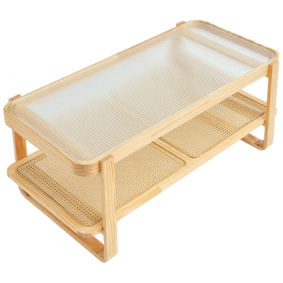 VEVOR Rattan Coffee Table, Rectangle Rattan Woven Wood Coffee Table with Tempered Glass Top, 45-Inch Modern Boho Storage Coffee Table with Natural Wood Legs, for Living Room, Bedroom & Small Spaces