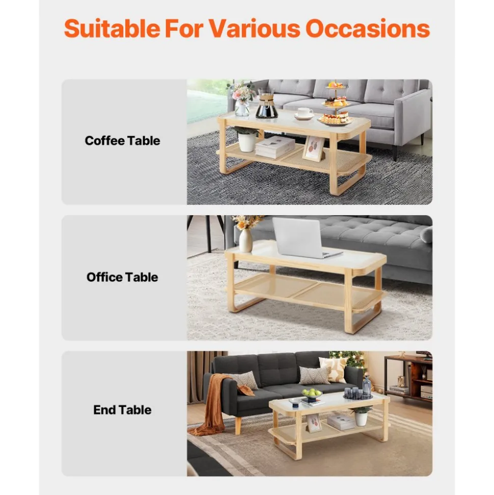 VEVOR Rattan Coffee Table, Rectangle Rattan Woven Wood Coffee Table with Tempered Glass Top, 45-Inch Modern Boho Storage Coffee Table with Natural Wood Legs, for Living Room, Bedroom & Small Spaces
