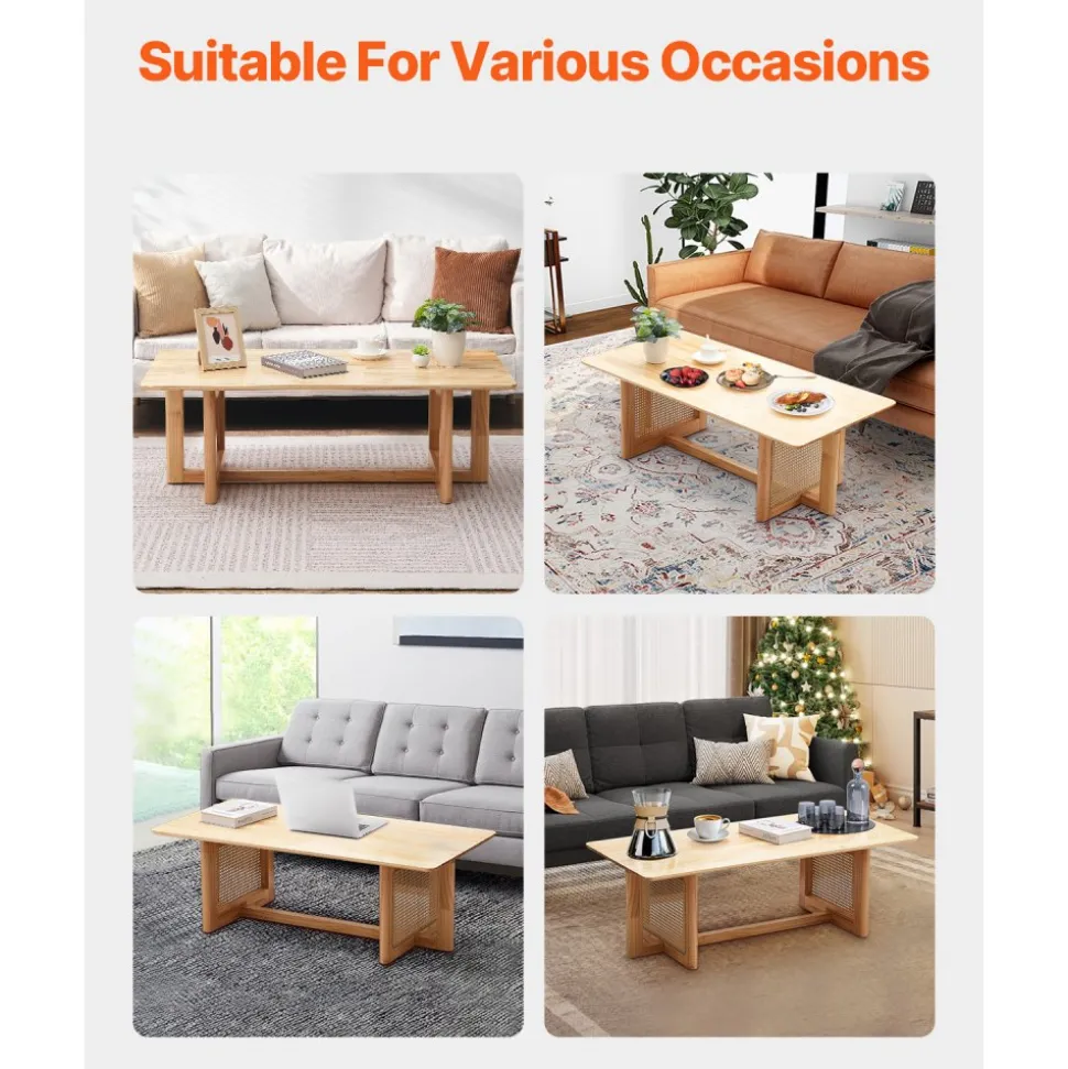 VEVOR Rattan Coffee Table, Rectangle Rattan Woven Wood Coffee Table with Rubber Wood Top, 47-Inch Modern Boho Storage Coffee Table with Natural Wood Legs, for Living Room, Bedroom & Small Spaces