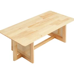 VEVOR Rattan Coffee Table, Rectangle Rattan Woven Wood Coffee Table with Rubber Wood Top, 47-Inch Modern Boho Storage Coffee Table with Natural Wood Legs, for Living Room, Bedroom & Small Spaces