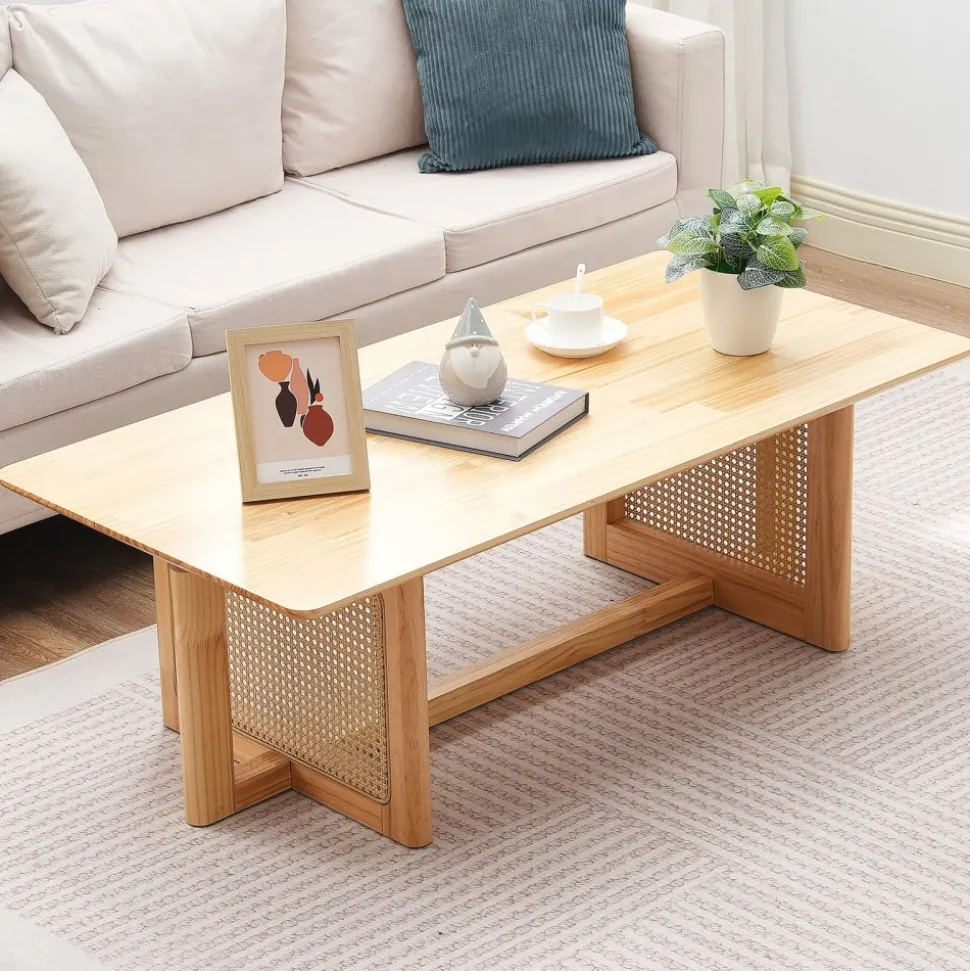 VEVOR Rattan Coffee Table, Rectangle Rattan Woven Wood Coffee Table with Rubber Wood Top, 47-Inch Modern Boho Storage Coffee Table with Natural Wood Legs, for Living Room, Bedroom & Small Spaces