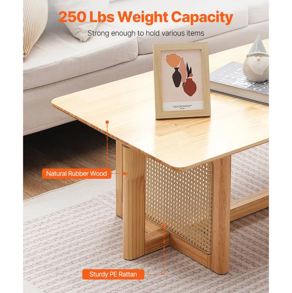 VEVOR Rattan Coffee Table, Rectangle Rattan Woven Wood Coffee Table with Rubber Wood Top, 47-Inch Modern Boho Storage Coffee Table with Natural Wood Legs, for Living Room, Bedroom & Small Spaces