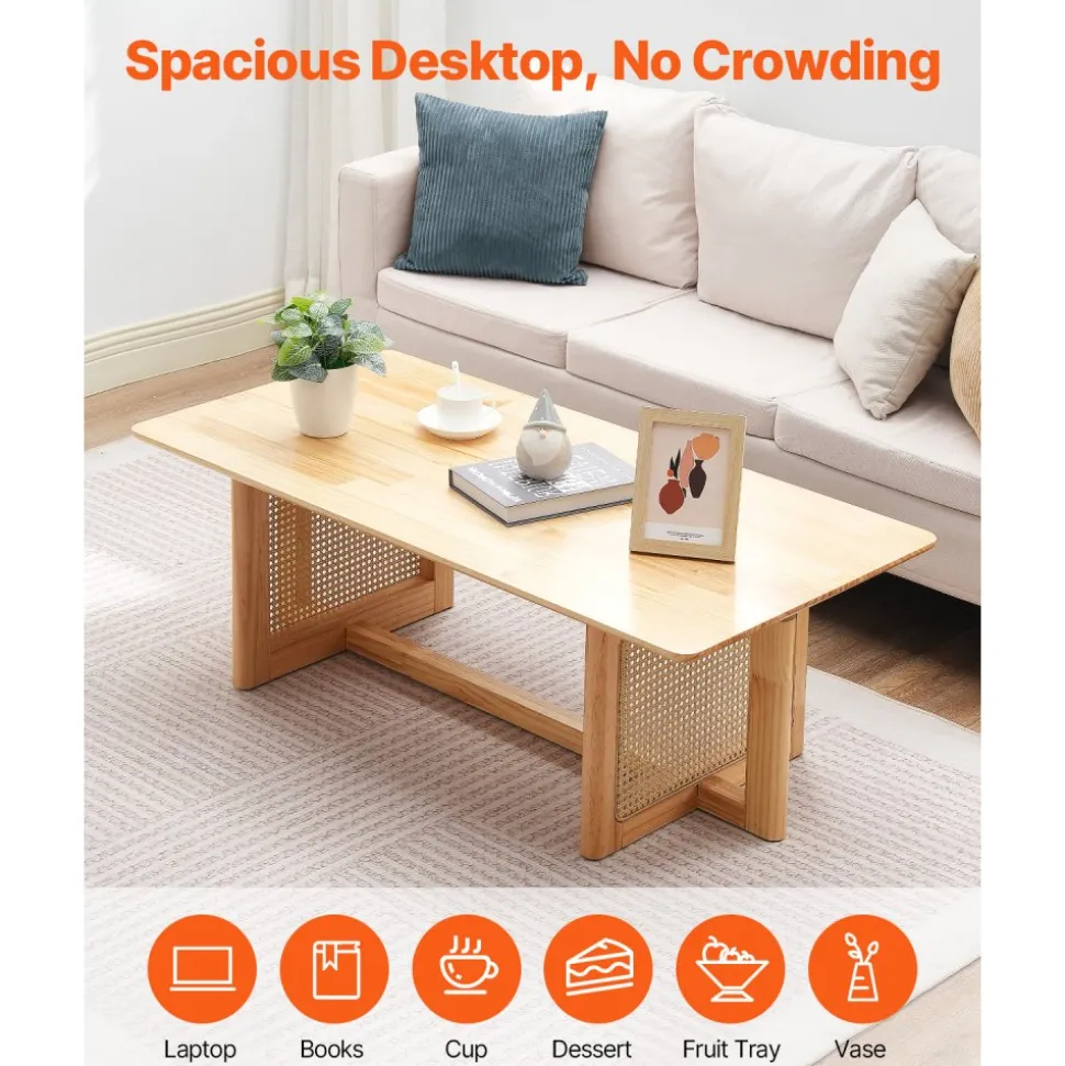 VEVOR Rattan Coffee Table, Rectangle Rattan Woven Wood Coffee Table with Rubber Wood Top, 47-Inch Modern Boho Storage Coffee Table with Natural Wood Legs, for Living Room, Bedroom & Small Spaces