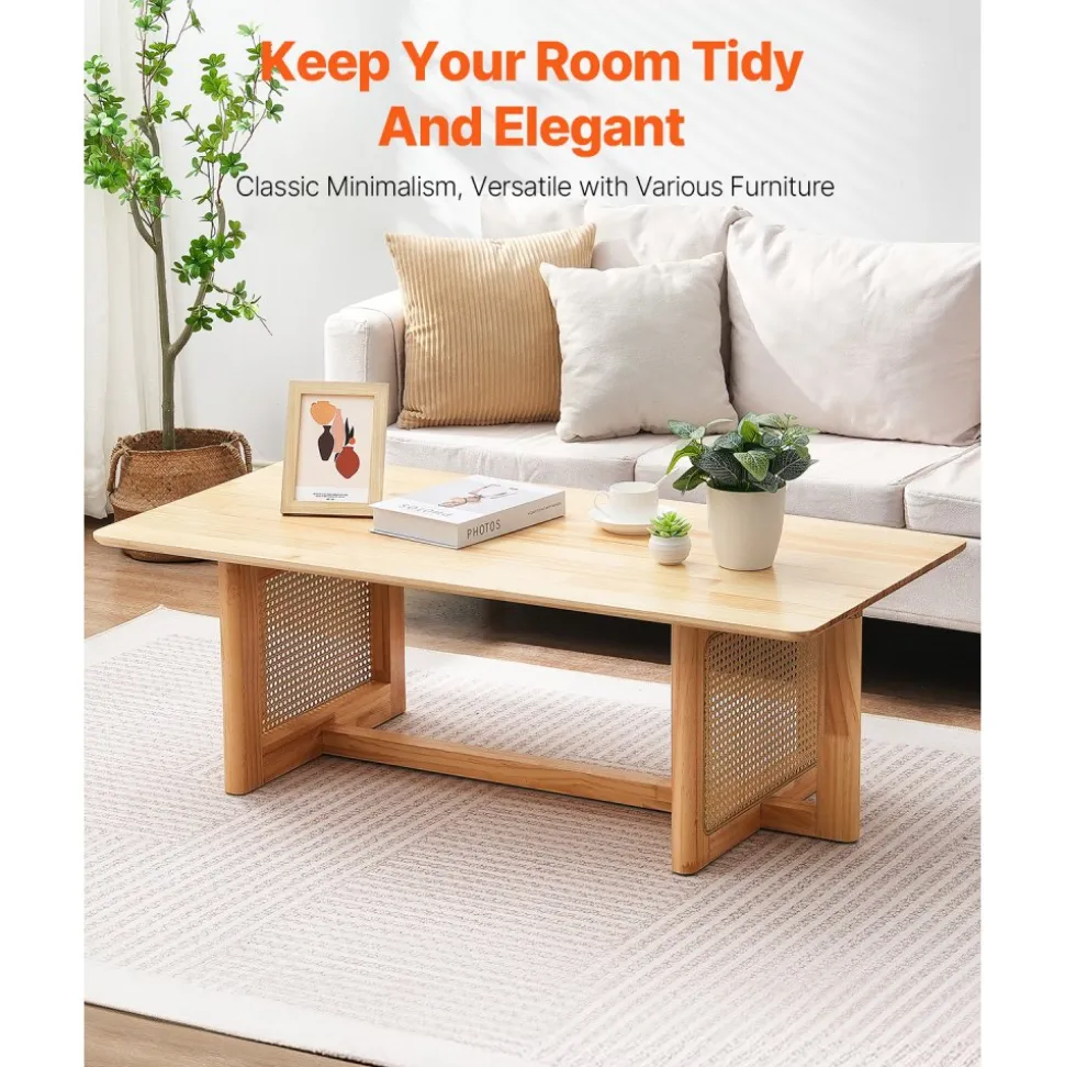 VEVOR Rattan Coffee Table, Rectangle Rattan Woven Wood Coffee Table with Rubber Wood Top, 47-Inch Modern Boho Storage Coffee Table with Natural Wood Legs, for Living Room, Bedroom & Small Spaces