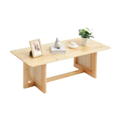VEVOR Rattan Coffee Table, Rectangle Rattan Woven Wood Coffee Table with Rubber Wood Top, 47-Inch Modern Boho Storage Coffee Table with Natural Wood Legs, for Living Room, Bedroom & Small Spaces