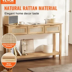VEVOR Rattan Console Table with 3 Storage Drawers, Rattan Entryway Table with Natural Rattan Sliding Door, Console Sofa Table for Living Room, Study, Entryway Or TV Wall, Natural
