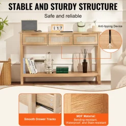 VEVOR Rattan Console Table with 3 Storage Drawers, Rattan Entryway Table with Natural Rattan Sliding Door, Console Sofa Table for Living Room, Study, Entryway Or TV Wall, Natural