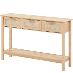 VEVOR Rattan Console Table with 3 Storage Drawers, Rattan Entryway Table with Natural Rattan Sliding Door, Console Sofa Table for Living Room, Study, Entryway Or TV Wall, Natural