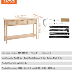 VEVOR Rattan Console Table with 3 Storage Drawers, Rattan Entryway Table with Natural Rattan Sliding Door, Console Sofa Table for Living Room, Study, Entryway Or TV Wall, Natural