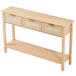 VEVOR Rattan Console Table with 3 Storage Drawers, Rattan Entryway Table with Natural Rattan Sliding Door, Console Sofa Table for Living Room, Study, Entryway Or TV Wall, Natural