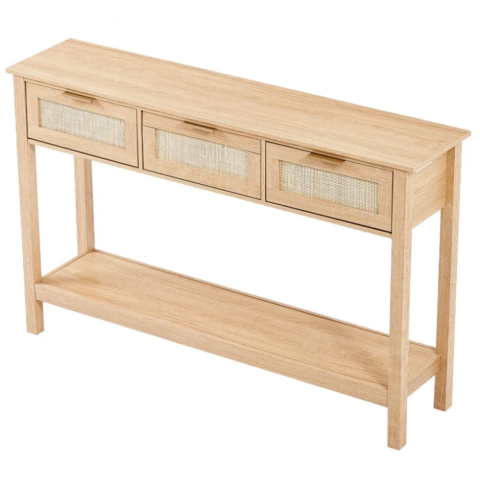 VEVOR Rattan Console Table with 3 Storage Drawers, Rattan Entryway Table with Natural Rattan Sliding Door, Console Sofa Table for Living Room, Study, Entryway Or TV Wall, Natural