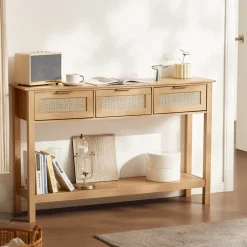 VEVOR Rattan Console Table with 3 Storage Drawers, Rattan Entryway Table with Natural Rattan Sliding Door, Console Sofa Table for Living Room, Study, Entryway Or TV Wall, Natural