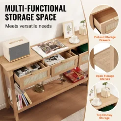 VEVOR Rattan Console Table with 3 Storage Drawers, Rattan Entryway Table with Natural Rattan Sliding Door, Console Sofa Table for Living Room, Study, Entryway Or TV Wall, Natural