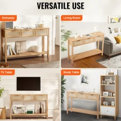 VEVOR Rattan Console Table with 3 Storage Drawers, Rattan Entryway Table with Natural Rattan Sliding Door, Console Sofa Table for Living Room, Study, Entryway Or TV Wall, Natural