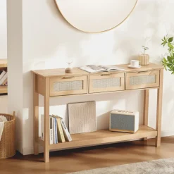 VEVOR Rattan Console Table with 3 Storage Drawers, Rattan Entryway Table with Natural Rattan Sliding Door, Console Sofa Table for Living Room, Study, Entryway Or TV Wall, Natural
