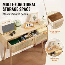 VEVOR Rattan Console Table with 2 Storage Drawers, Rattan Entryway Table with Natural Rattan Sliding Door, Console Sofa Table for Living Room, Study, Entryway Or TV Wall, Natural