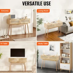 VEVOR Rattan Console Table with 2 Storage Drawers, Rattan Entryway Table with Natural Rattan Sliding Door, Console Sofa Table for Living Room, Study, Entryway Or TV Wall, Natural