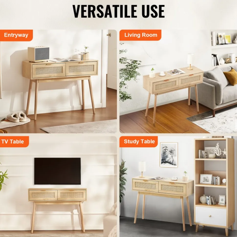 VEVOR Rattan Console Table with 2 Storage Drawers, Rattan Entryway Table with Natural Rattan Sliding Door, Console Sofa Table for Living Room, Study, Entryway Or TV Wall, Natural