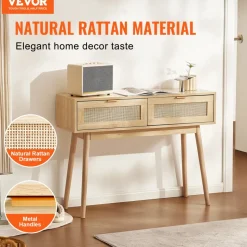 VEVOR Rattan Console Table with 2 Storage Drawers, Rattan Entryway Table with Natural Rattan Sliding Door, Console Sofa Table for Living Room, Study, Entryway Or TV Wall, Natural