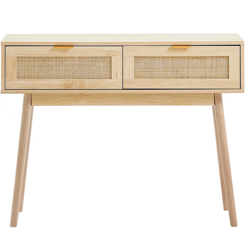 VEVOR Rattan Console Table with 2 Storage Drawers, Rattan Entryway Table with Natural Rattan Sliding Door, Console Sofa Table for Living Room, Study, Entryway Or TV Wall, Natural