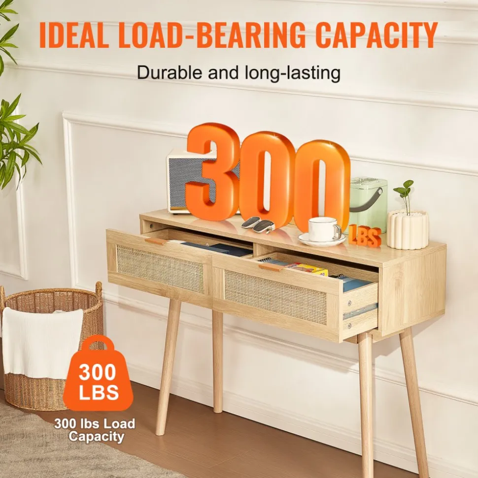 VEVOR Rattan Console Table with 2 Storage Drawers, Rattan Entryway Table with Natural Rattan Sliding Door, Console Sofa Table for Living Room, Study, Entryway Or TV Wall, Natural