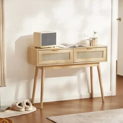 VEVOR Rattan Console Table with 2 Storage Drawers, Rattan Entryway Table with Natural Rattan Sliding Door, Console Sofa Table for Living Room, Study, Entryway Or TV Wall, Natural