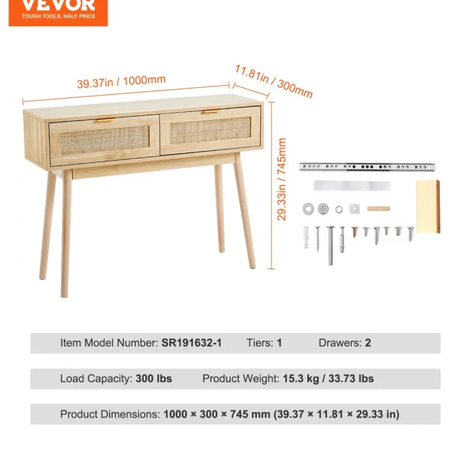 VEVOR Rattan Console Table with 2 Storage Drawers, Rattan Entryway Table with Natural Rattan Sliding Door, Console Sofa Table for Living Room, Study, Entryway Or TV Wall, Natural