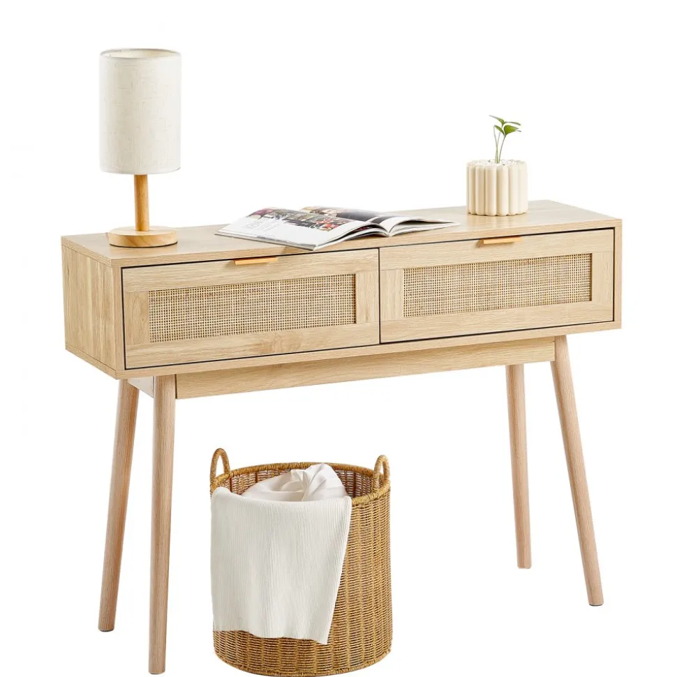 VEVOR Rattan Console Table with 2 Storage Drawers, Rattan Entryway Table with Natural Rattan Sliding Door, Console Sofa Table for Living Room, Study, Entryway Or TV Wall, Natural