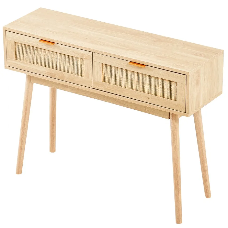 VEVOR Rattan Console Table with 2 Storage Drawers, Rattan Entryway Table with Natural Rattan Sliding Door, Console Sofa Table for Living Room, Study, Entryway Or TV Wall, Natural