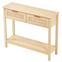 VEVOR Rattan Console Table with 2 Storage Drawers, Rattan Entryway Table with Natural Rattan Sliding Door, Console Sofa Table for Living Room, Study, Entryway Or TV Wall, Natural