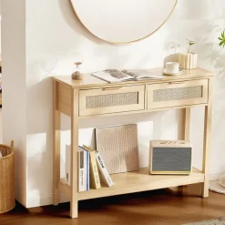VEVOR Rattan Console Table with 2 Storage Drawers, Rattan Entryway Table with Natural Rattan Sliding Door, Console Sofa Table for Living Room, Study, Entryway Or TV Wall, Natural
