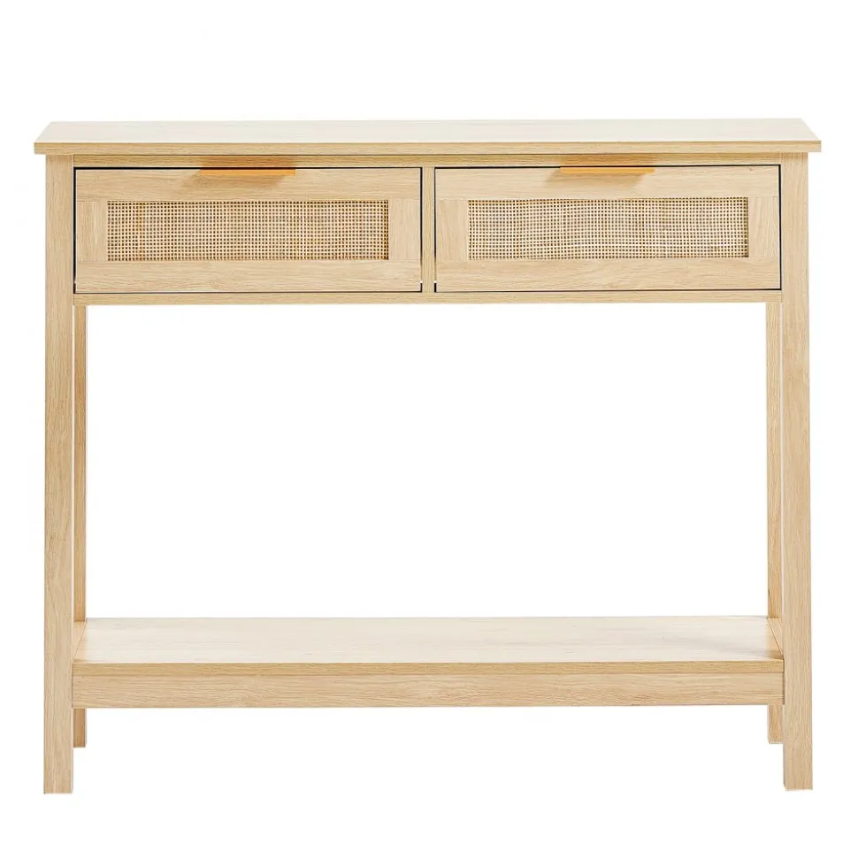 VEVOR Rattan Console Table with 2 Storage Drawers, Rattan Entryway Table with Natural Rattan Sliding Door, Console Sofa Table for Living Room, Study, Entryway Or TV Wall, Natural