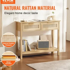 VEVOR Rattan Console Table with 2 Storage Drawers, Rattan Entryway Table with Natural Rattan Sliding Door, Console Sofa Table for Living Room, Study, Entryway Or TV Wall, Natural