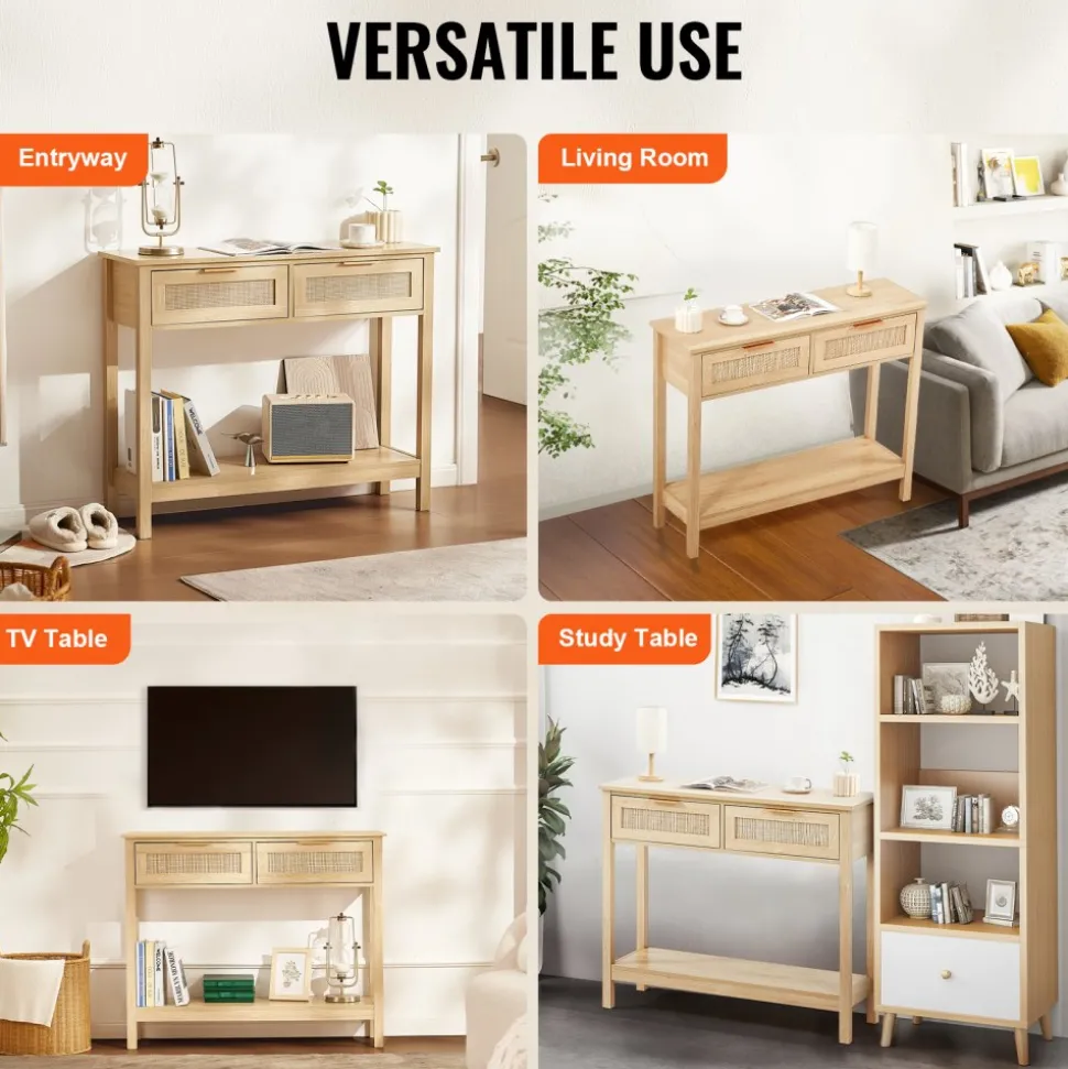 VEVOR Rattan Console Table with 2 Storage Drawers, Rattan Entryway Table with Natural Rattan Sliding Door, Console Sofa Table for Living Room, Study, Entryway Or TV Wall, Natural