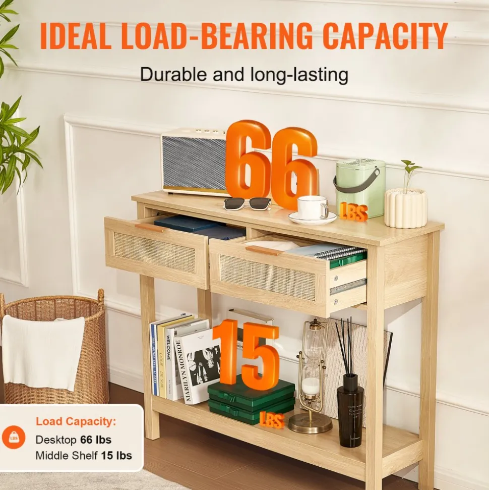 VEVOR Rattan Console Table with 2 Storage Drawers, Rattan Entryway Table with Natural Rattan Sliding Door, Console Sofa Table for Living Room, Study, Entryway Or TV Wall, Natural