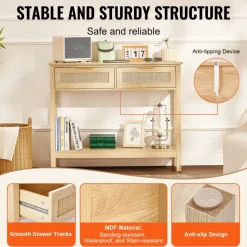 VEVOR Rattan Console Table with 2 Storage Drawers, Rattan Entryway Table with Natural Rattan Sliding Door, Console Sofa Table for Living Room, Study, Entryway Or TV Wall, Natural