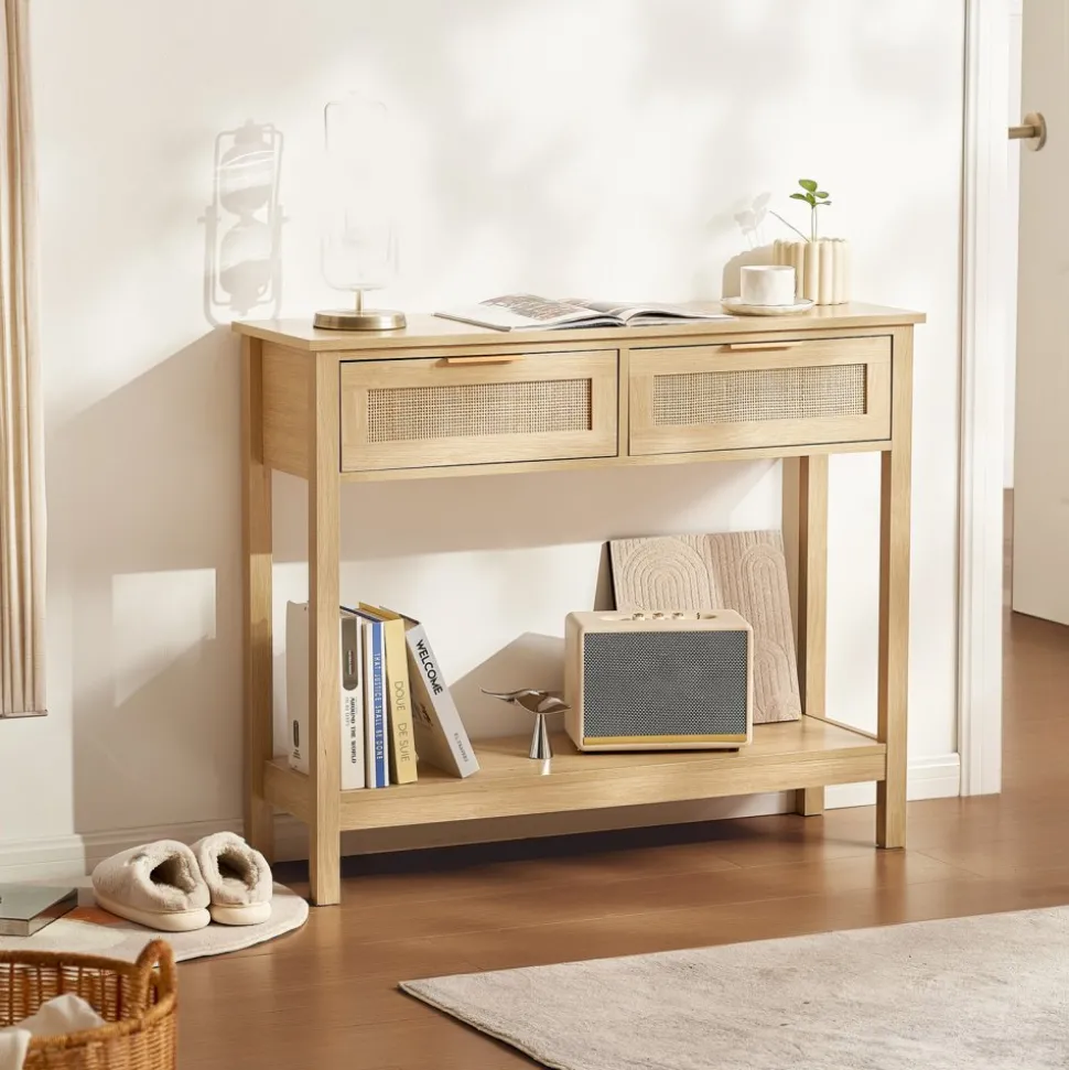 VEVOR Rattan Console Table with 2 Storage Drawers, Rattan Entryway Table with Natural Rattan Sliding Door, Console Sofa Table for Living Room, Study, Entryway Or TV Wall, Natural