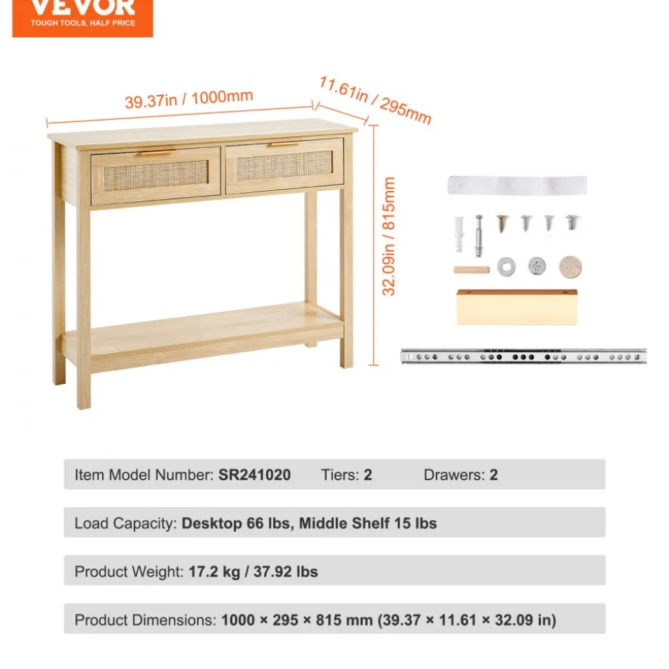 VEVOR Rattan Console Table with 2 Storage Drawers, Rattan Entryway Table with Natural Rattan Sliding Door, Console Sofa Table for Living Room, Study, Entryway Or TV Wall, Natural