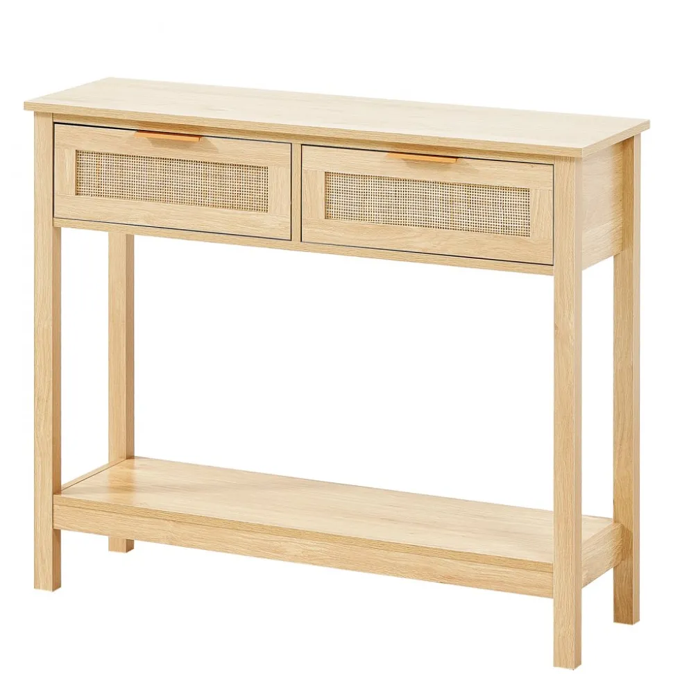 VEVOR Rattan Console Table with 2 Storage Drawers, Rattan Entryway Table with Natural Rattan Sliding Door, Console Sofa Table for Living Room, Study, Entryway Or TV Wall, Natural
