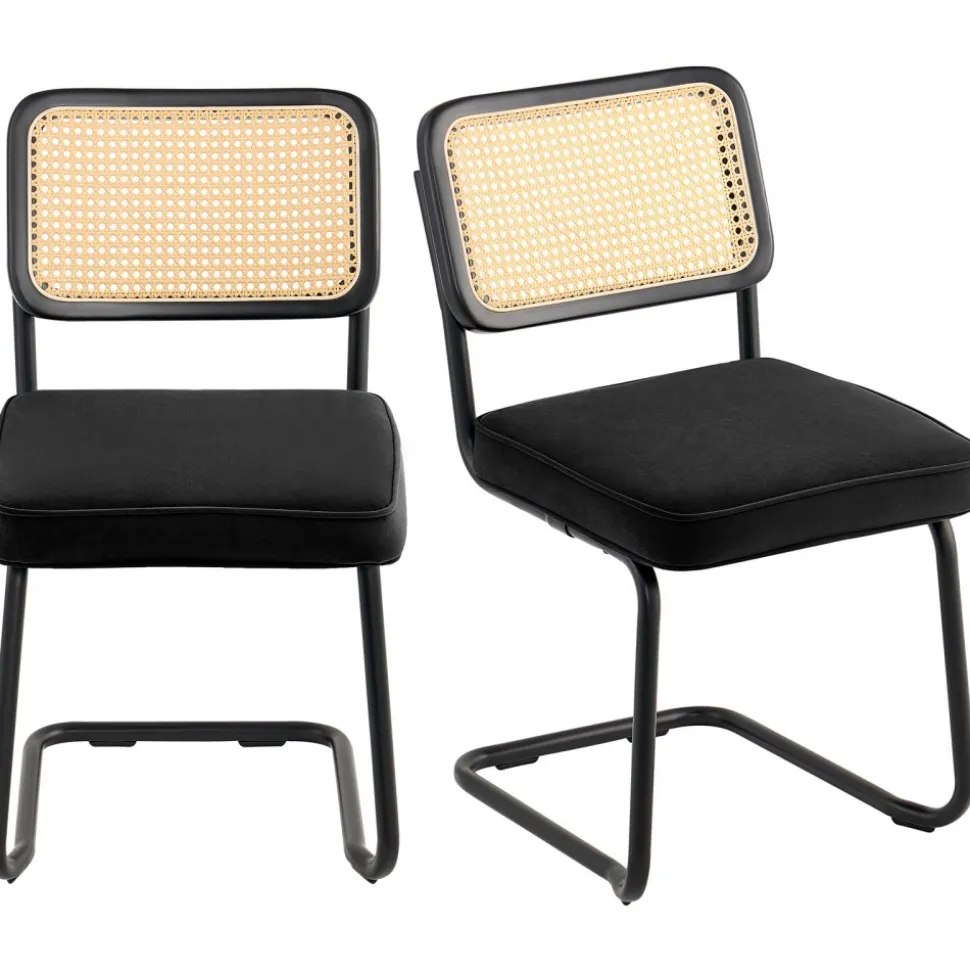 VEVOR Rattan Dining Chairs Set of 2, Mid Century Modern Dining Chair, Upholstered Velvet Accent Chair with Rattan Back, Retro Dining Room Kitchen Chair for Living Room, Bedroom, Office (18.1 Inch)