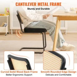 VEVOR Rattan Dining Chairs Set of 2, Mid Century Modern Dining Chair, Upholstered Velvet Accent Chair with Rattan Back, Retro Dining Room Kitchen Chair for Living Room, Bedroom, Office (18.1 Inch)