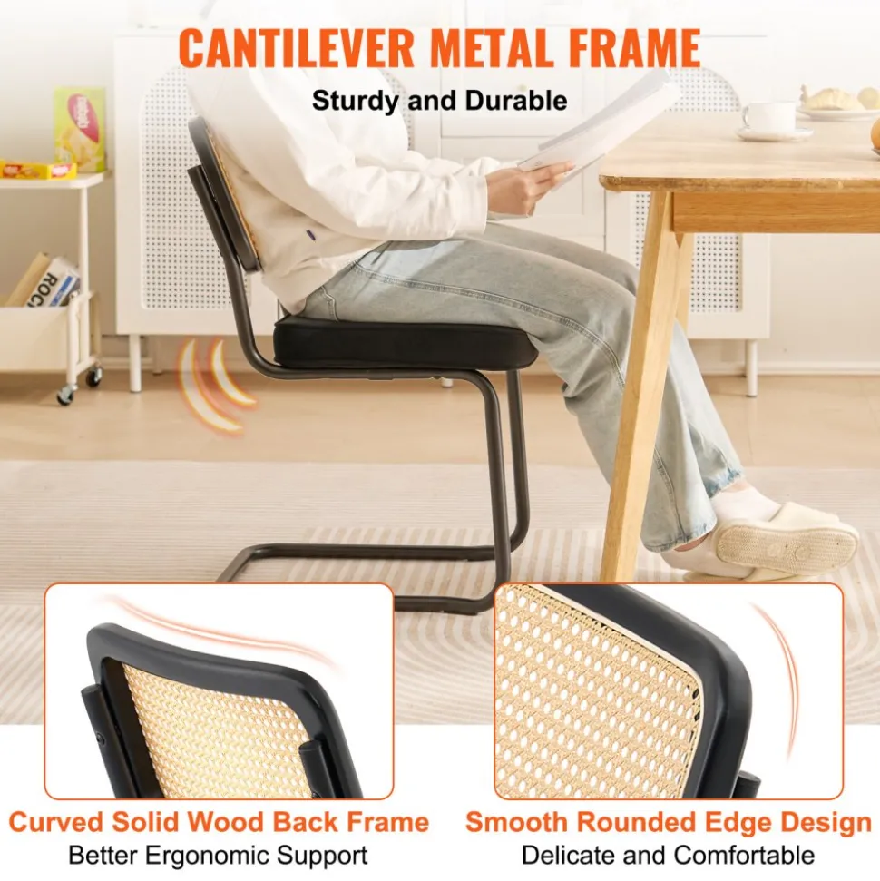 VEVOR Rattan Dining Chairs Set of 2, Mid Century Modern Dining Chair, Upholstered Velvet Accent Chair with Rattan Back, Retro Dining Room Kitchen Chair for Living Room, Bedroom, Office (18.1 Inch)