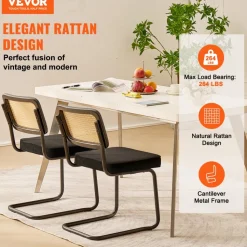 VEVOR Rattan Dining Chairs Set of 2, Mid Century Modern Dining Chair, Upholstered Velvet Accent Chair with Rattan Back, Retro Dining Room Kitchen Chair for Living Room, Bedroom, Office (18.1 Inch)
