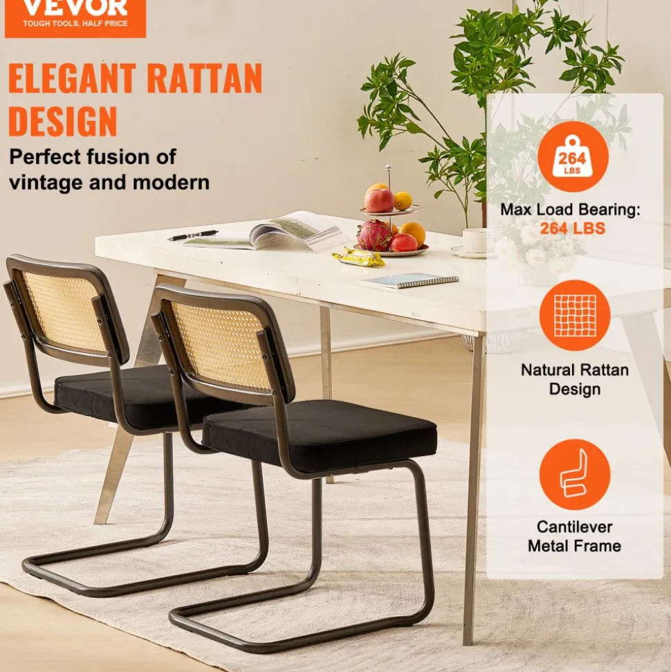 VEVOR Rattan Dining Chairs Set of 2, Mid Century Modern Dining Chair, Upholstered Velvet Accent Chair with Rattan Back, Retro Dining Room Kitchen Chair for Living Room, Bedroom, Office (18.1 Inch)